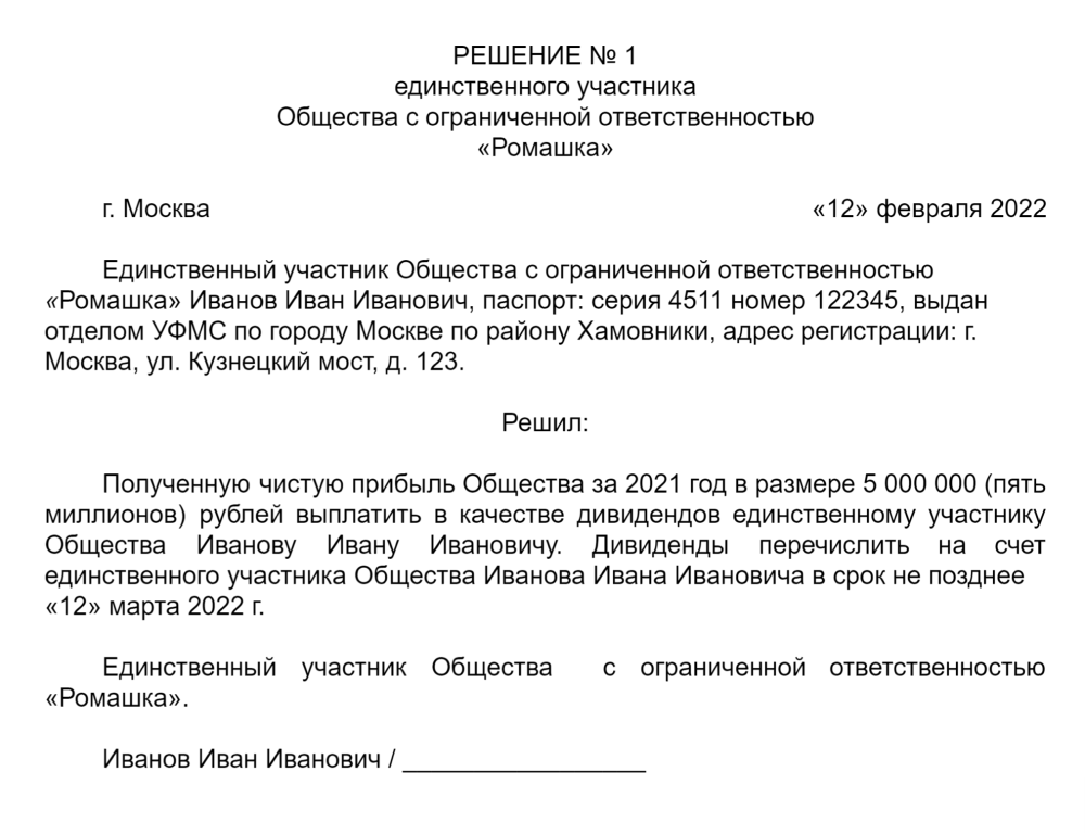 Протокол о распределении чистой прибыли образец