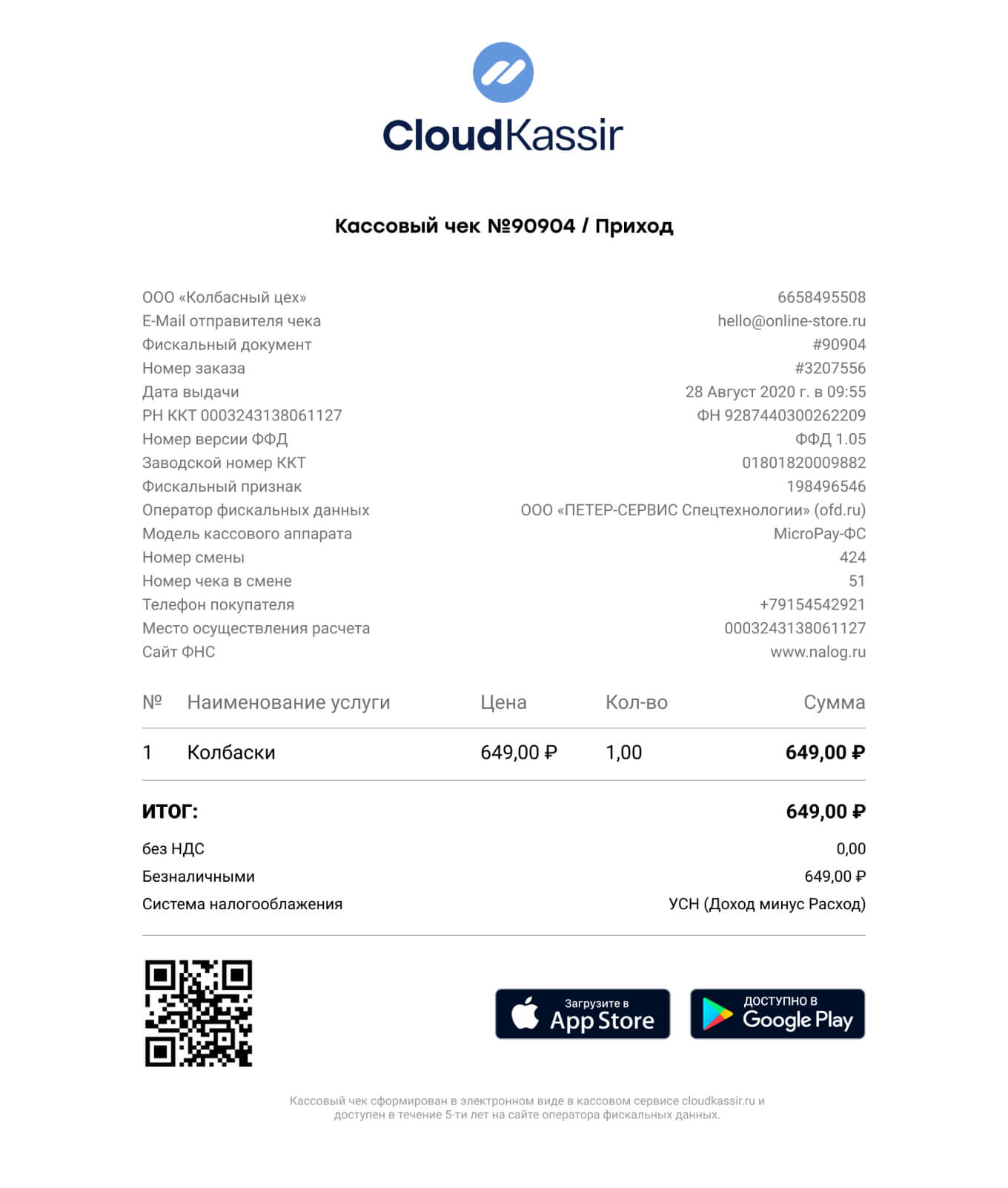 Как выглядит чек, отправленный облачной онлайн-кассой