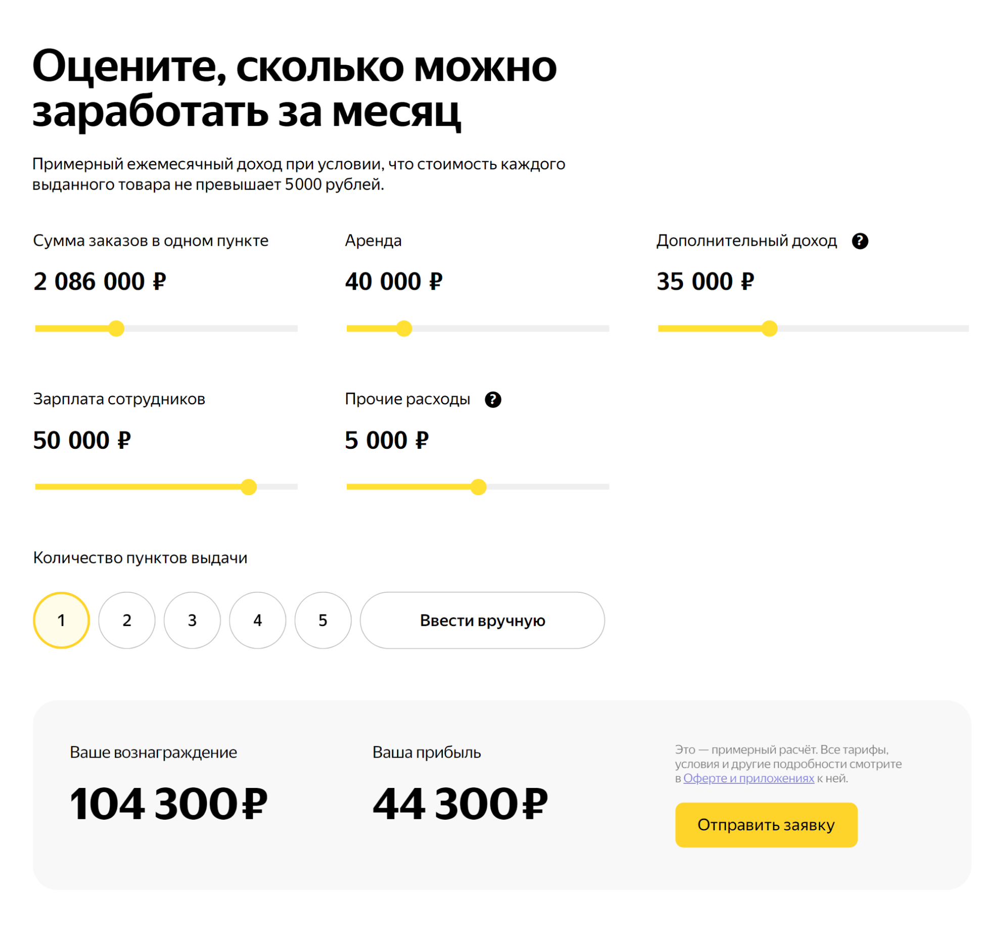 Калькулятор дохода при продажах Яндекс Маркета в месяц