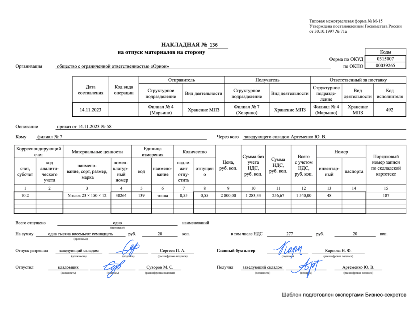 Накладная № М-15 на отпуск материалов на сторону: образец 2024