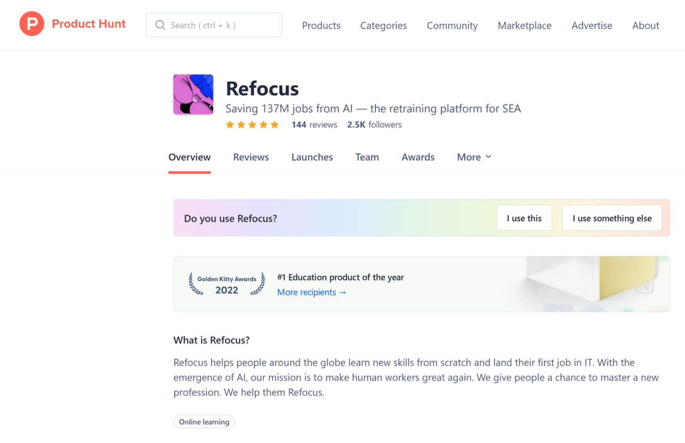 Refocus стал самым быстрорастущим стартапом в онлайн-образовании по версии Product Hunt
