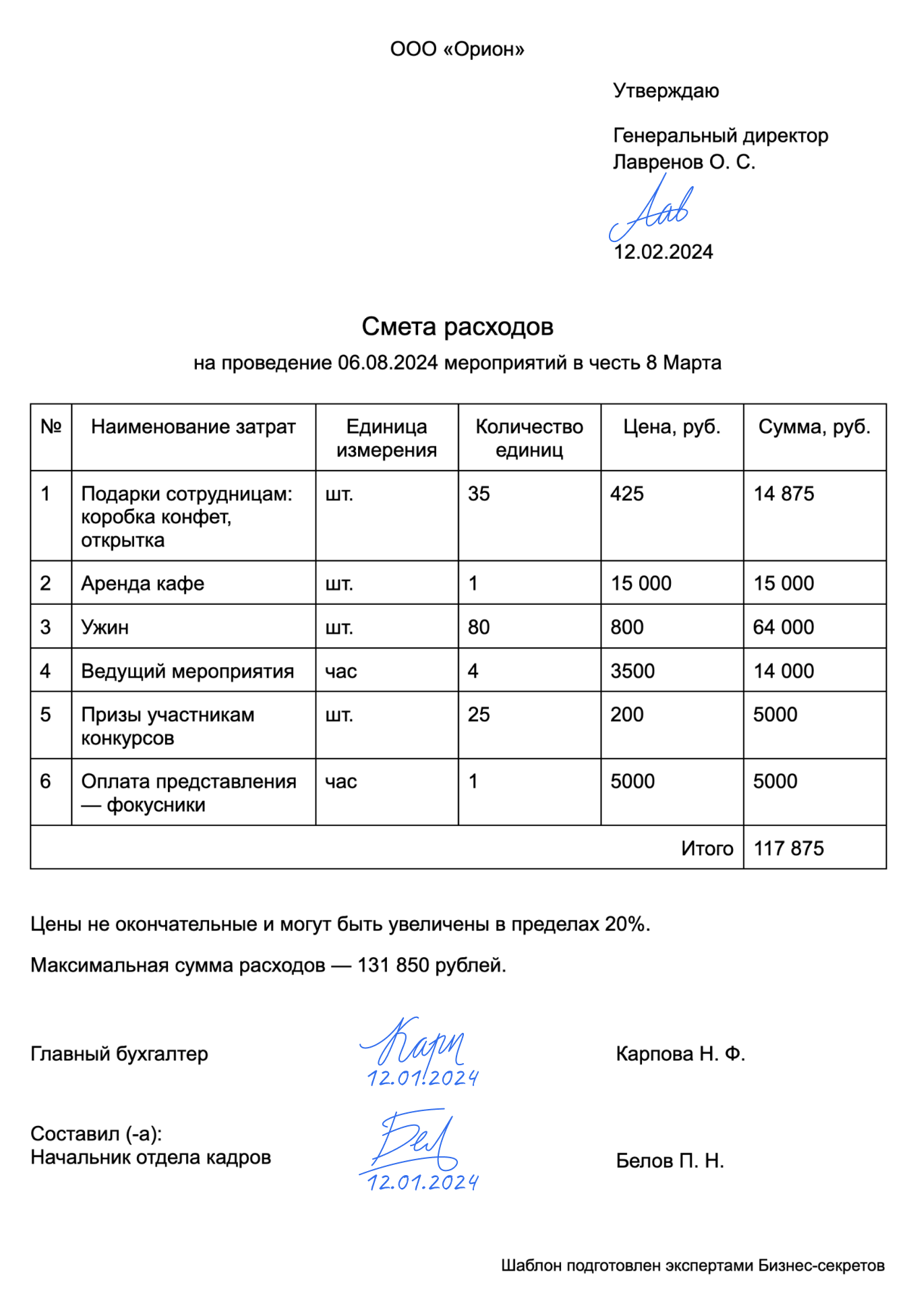 Смета расходов на проведение мероприятия: образец 2024