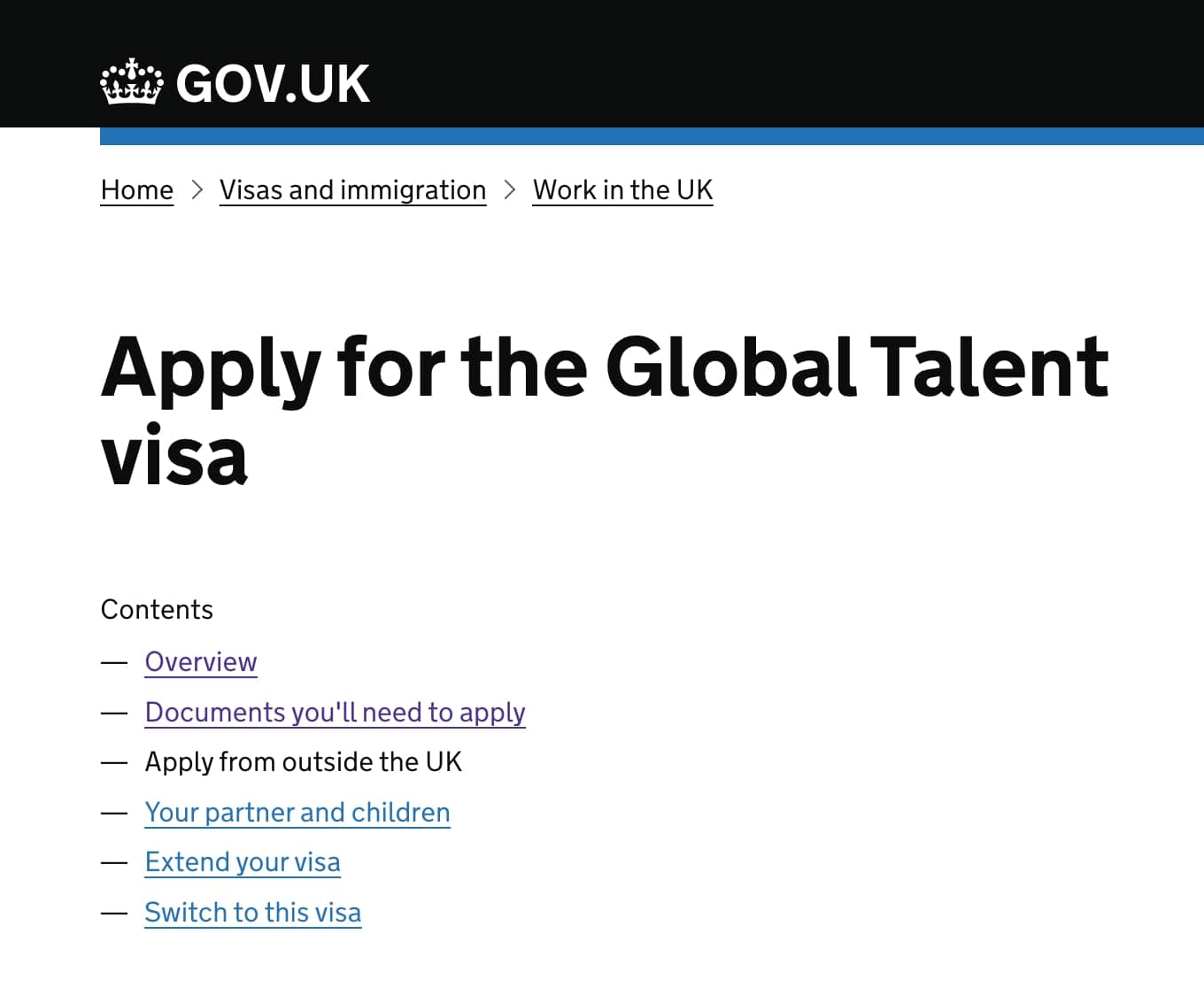 Список требований к Global Talent Visa