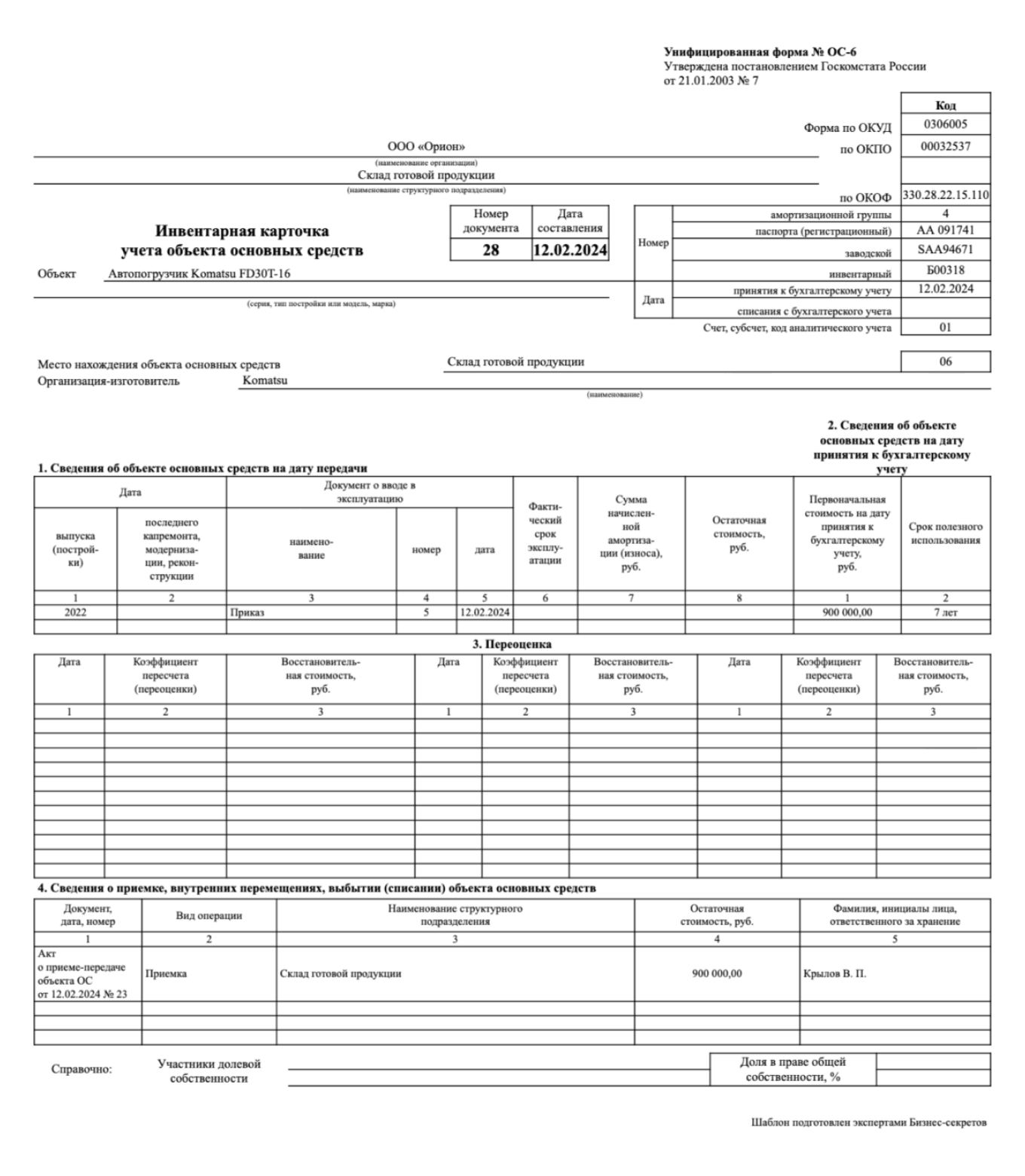 Инвентарная карточка учета объекта основных средств № ОС-6: образец 2024