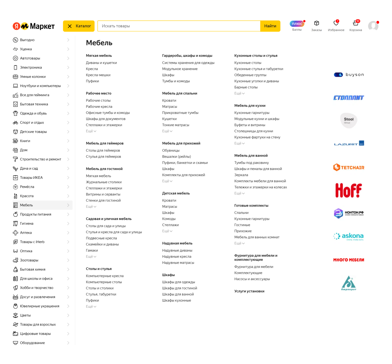 Какие есть категории товаров в каталоге Яндекс Маркета