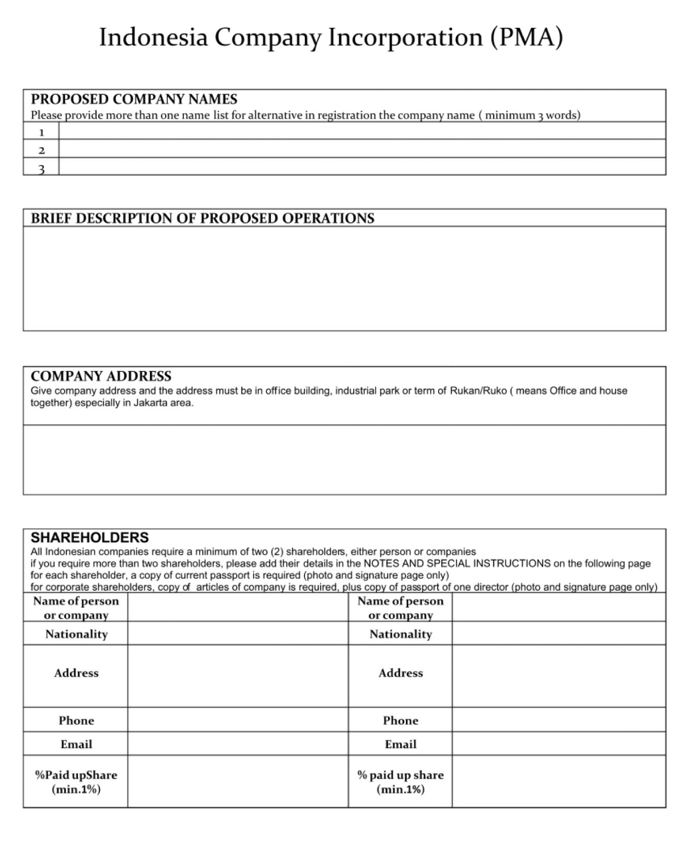 Форма заявления на регистрацию компании в Индонезии