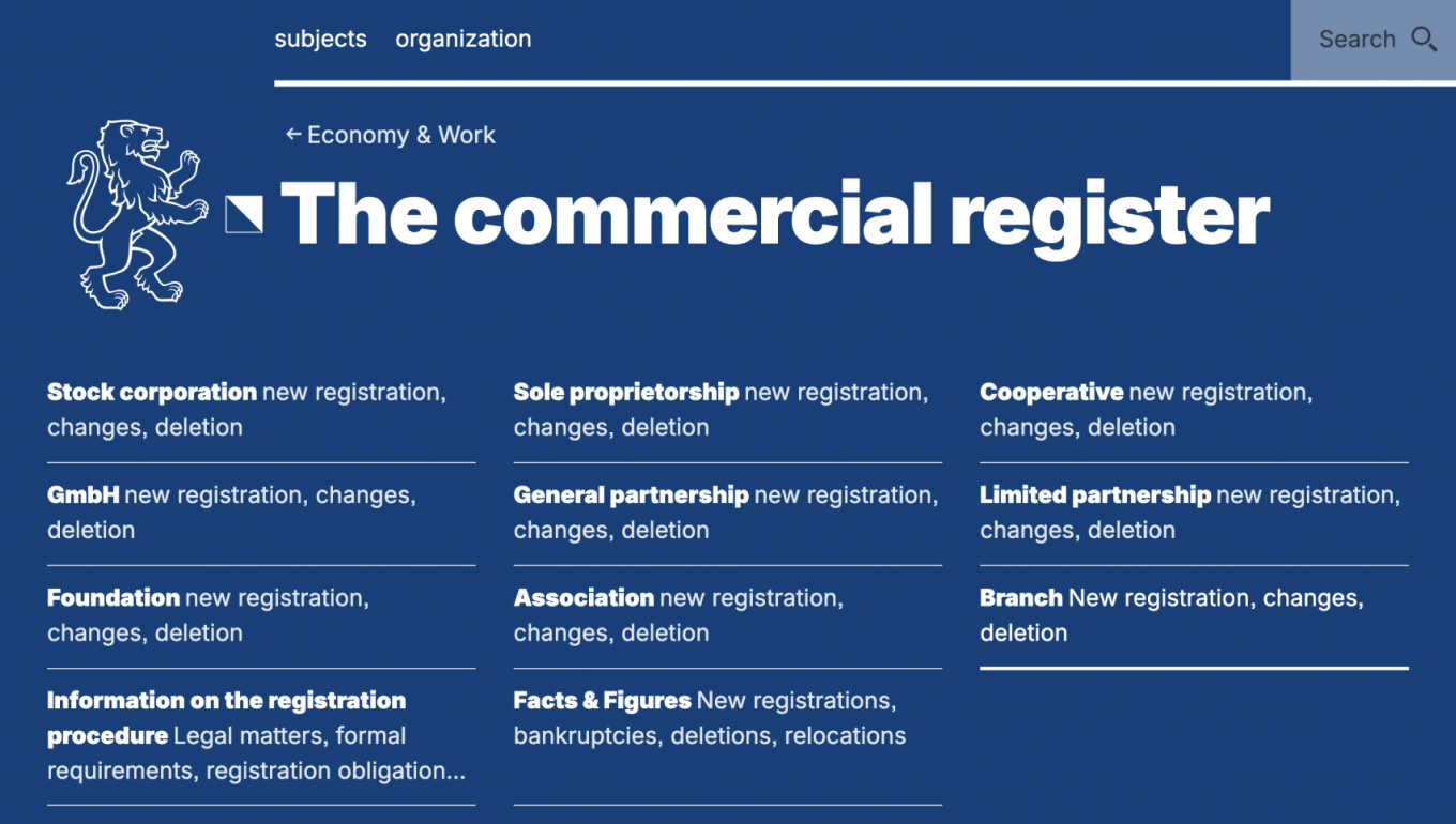 Сайт коммерческого реестра кантона Цюрих