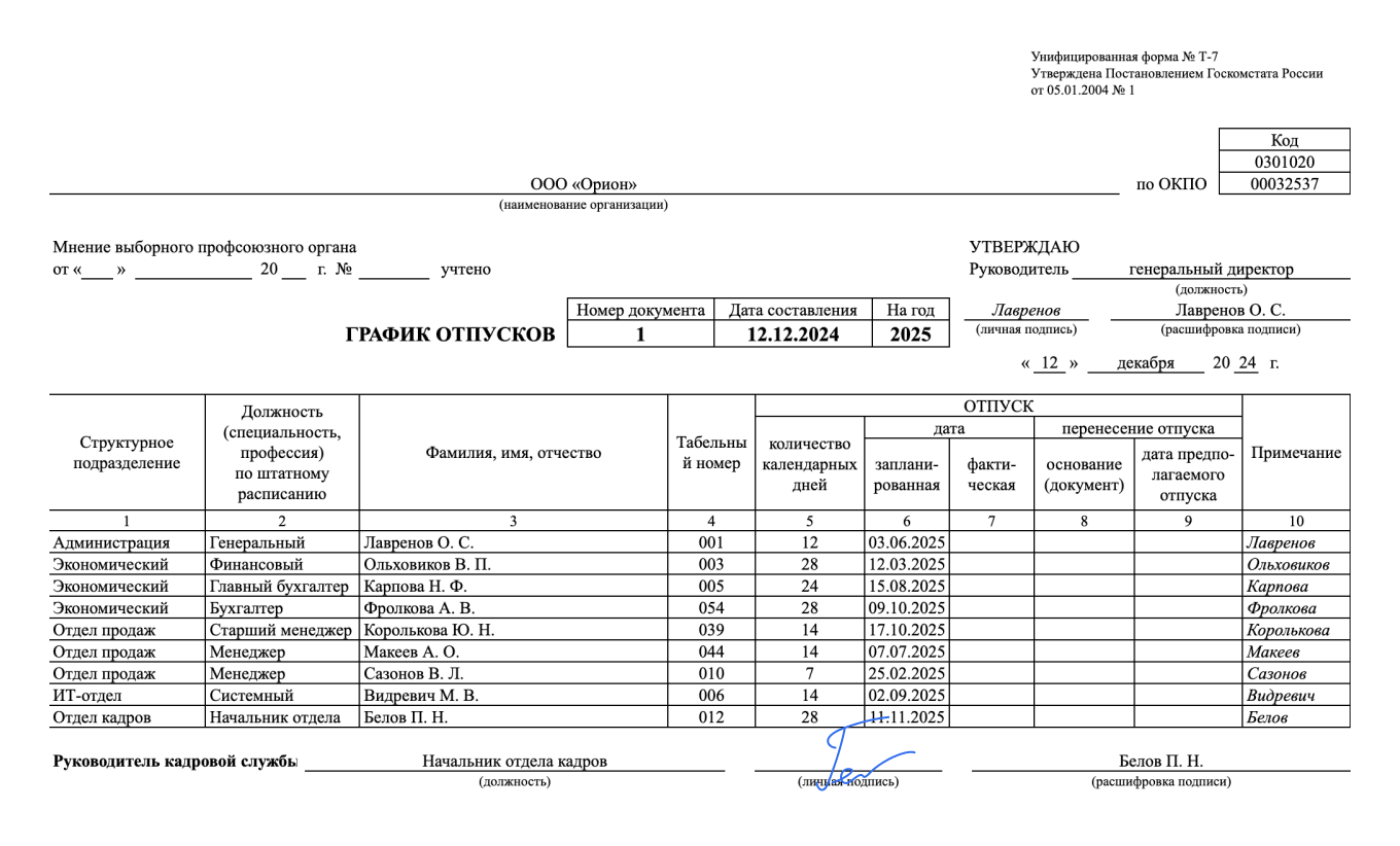 Пример графика отпусков